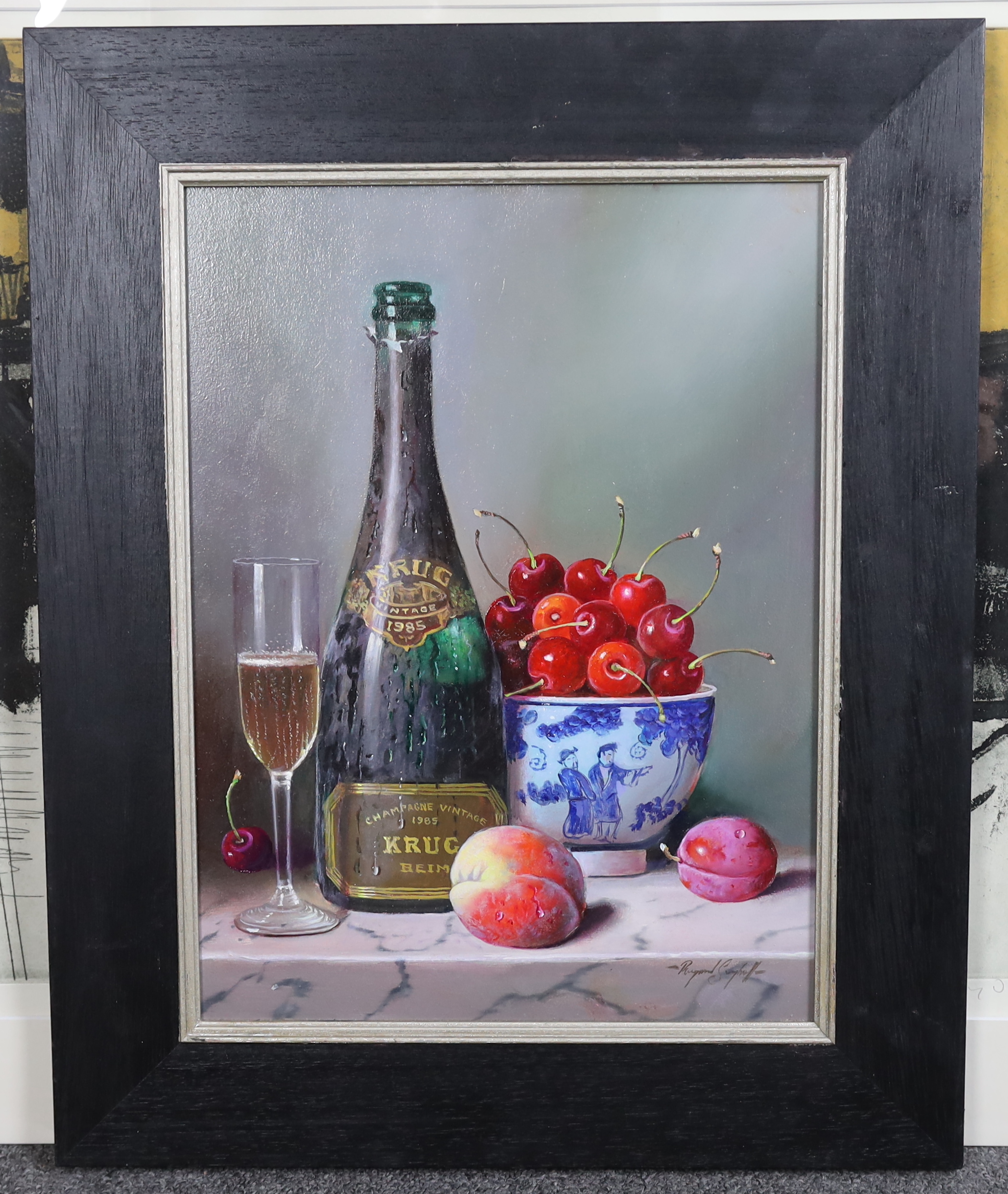 Raymond Campbell (English, b.1956), '1985 Vintage Krug Champagne', oil on panel, 40 x 30cm